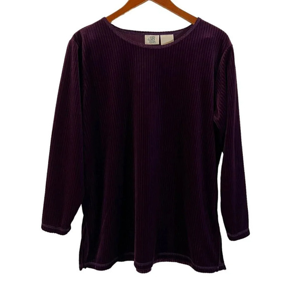 SJB Sport Eggplant Dark Purple Velour Ribbed Top Petite Large Long Sleeve Blouse - Picture 1 of 4